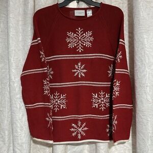 VTG Lizsport Red Knit Christmas Sweater Snowflakes Beaded Women L Liz Claiborne‎